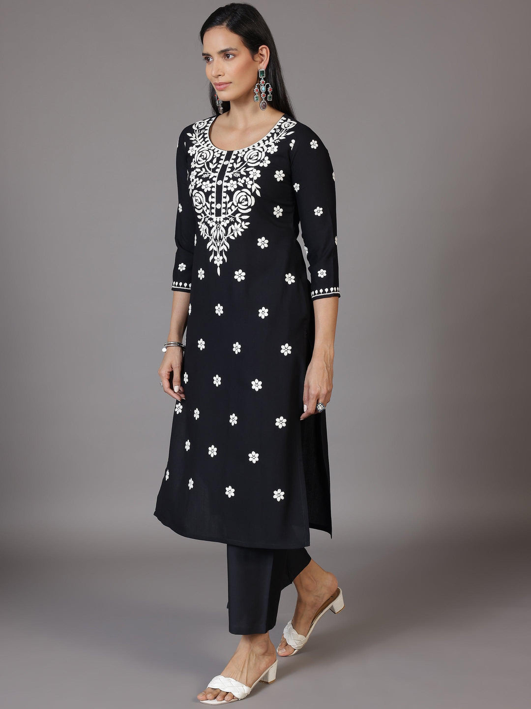 Black Embroidered Rayon Straight Kurta - Libas 