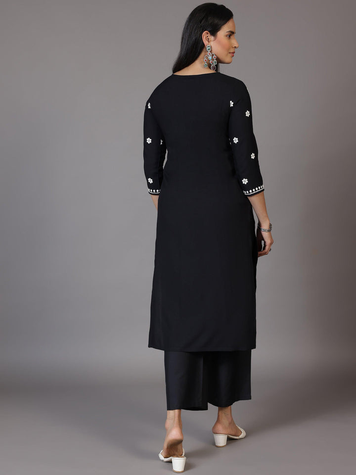 Black Embroidered Rayon Straight Kurta - Libas