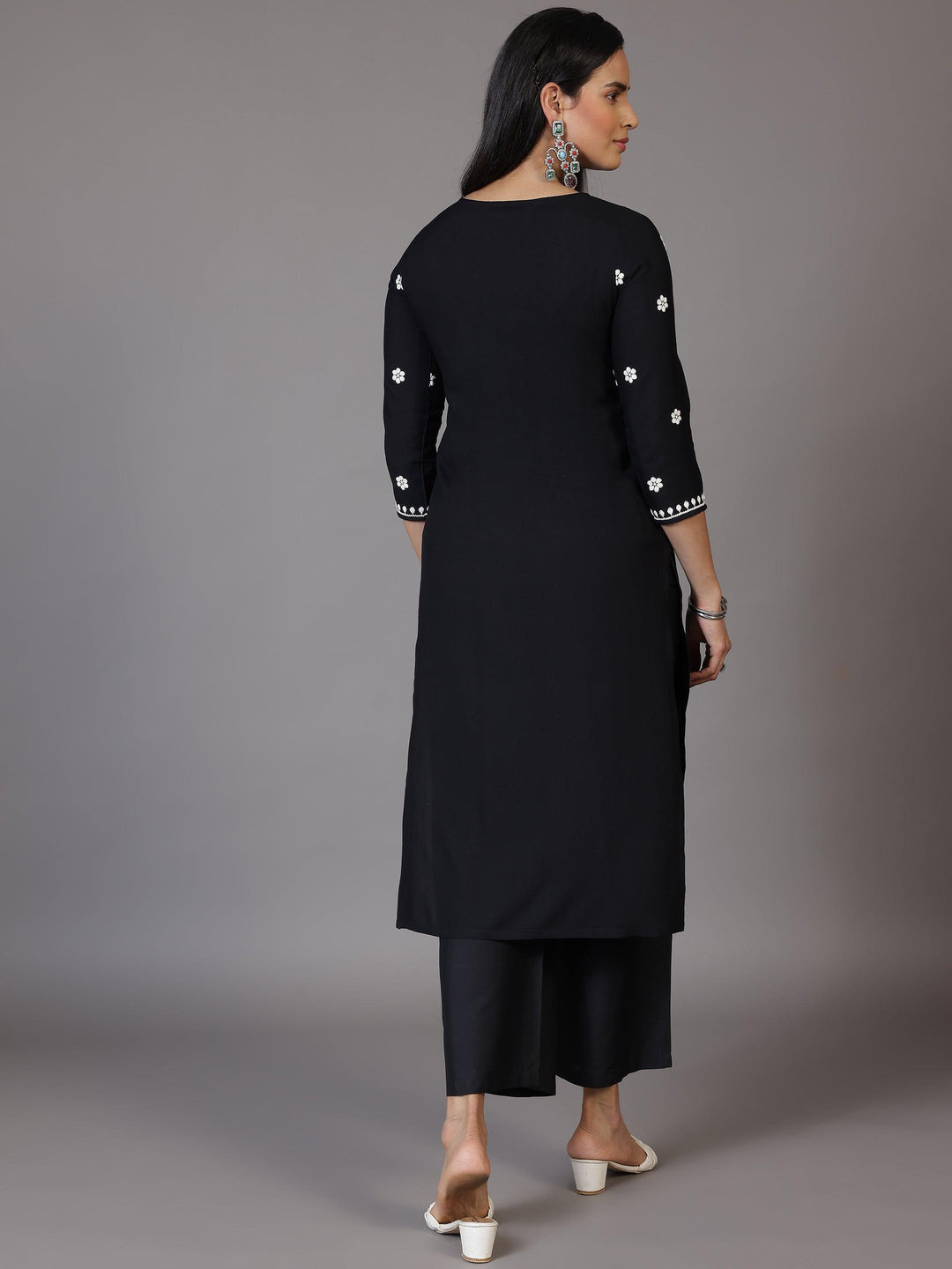 Black Embroidered Rayon Straight Kurta - Libas 