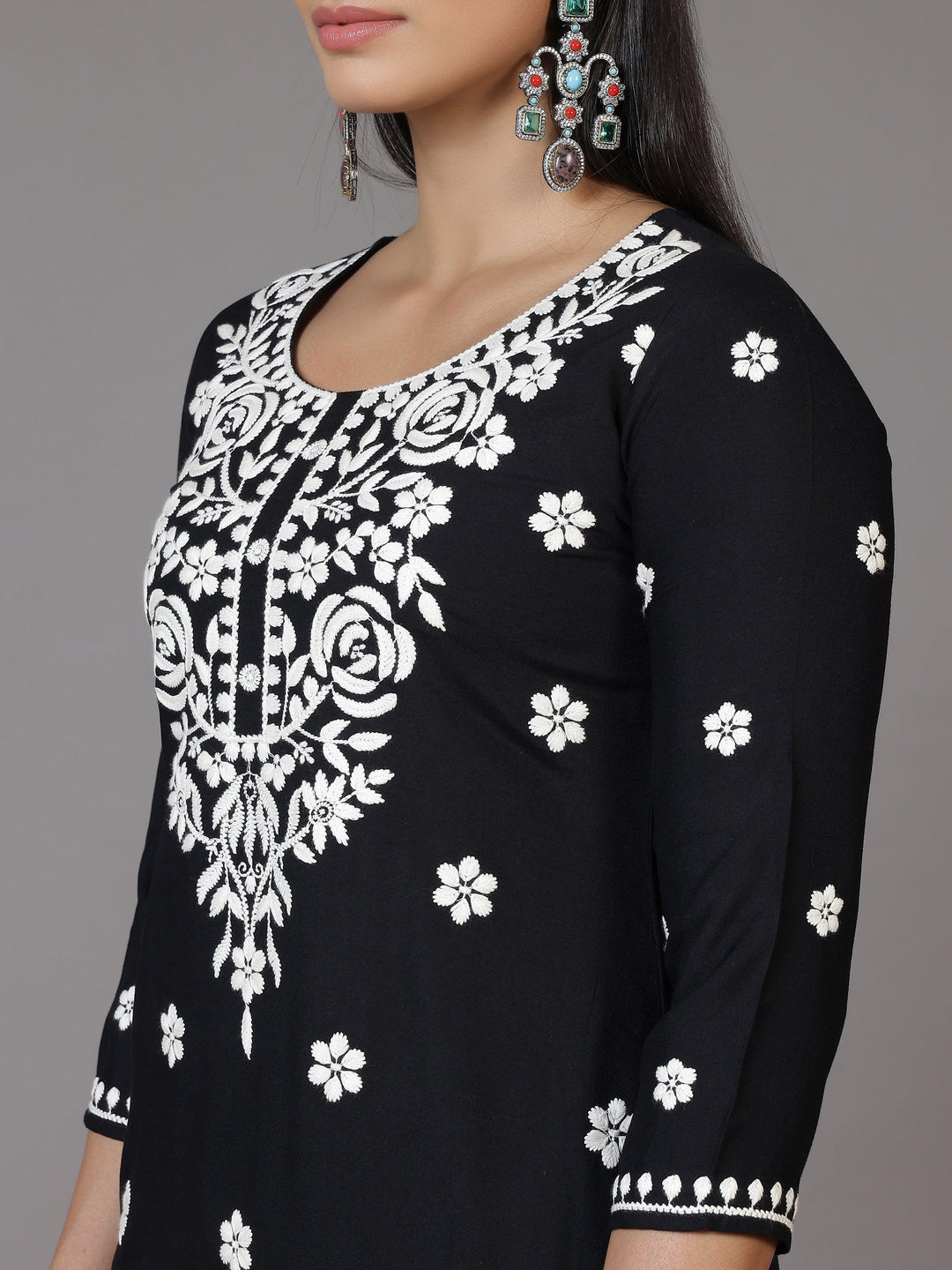 Black Embroidered Rayon Straight Kurta - Libas 