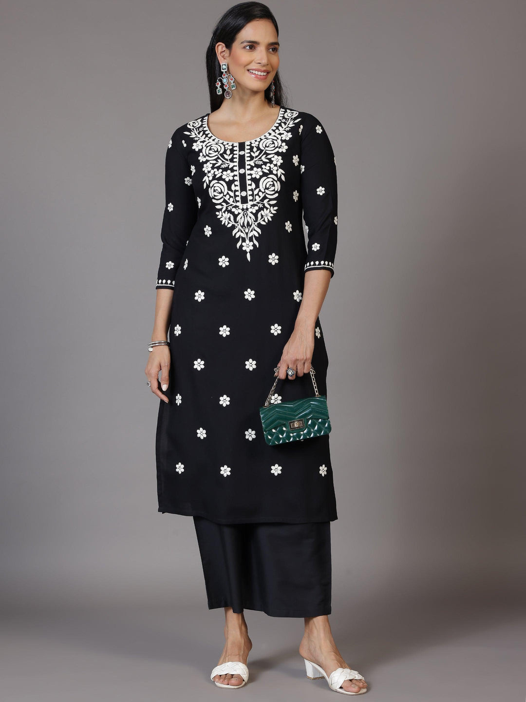 Black Embroidered Rayon Straight Kurta - Libas