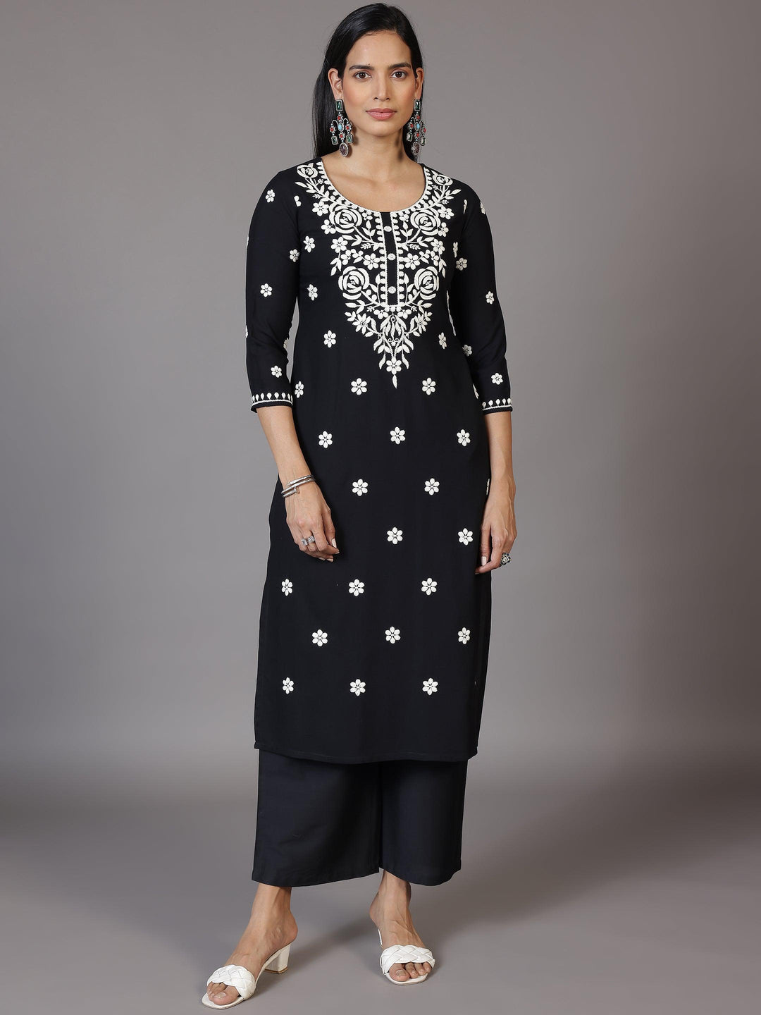 Black Embroidered Rayon Straight Kurta - Libas 