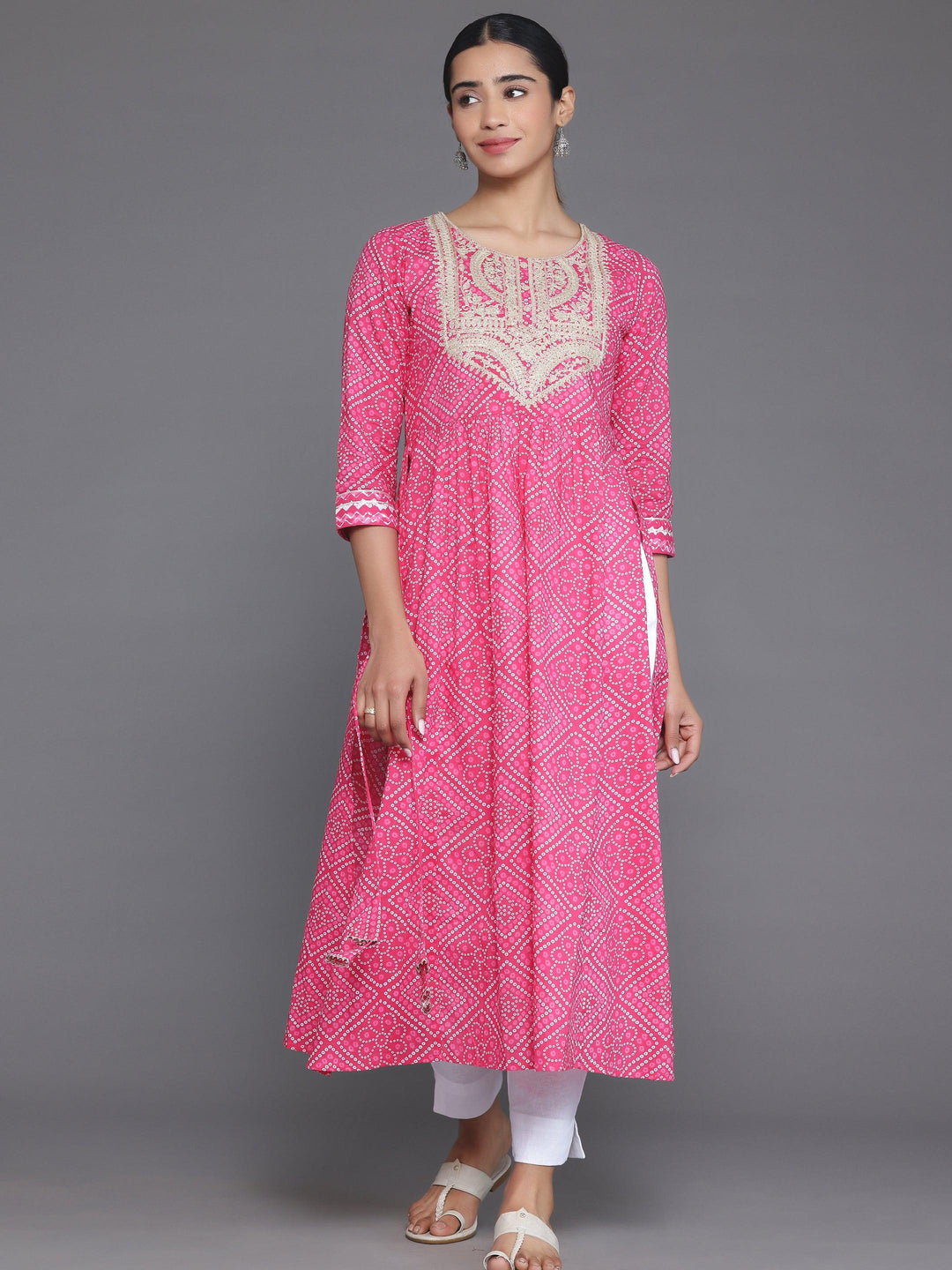 Pink Printed Cotton A-Line Kurta - Libas