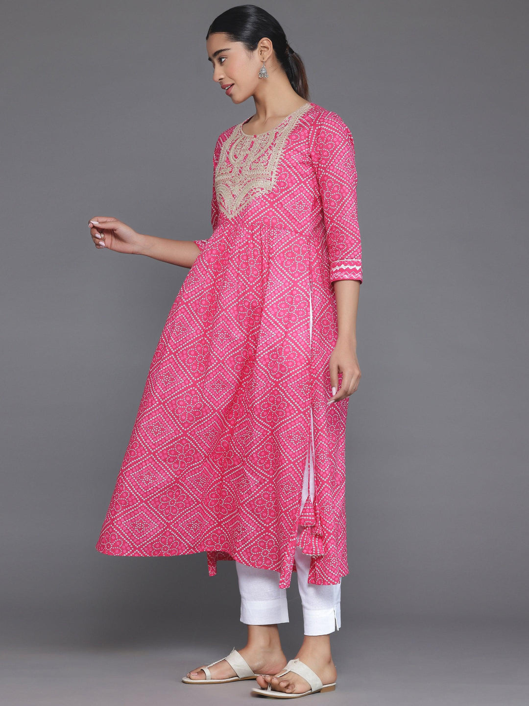 Pink Printed Cotton A-Line Kurta - Libas 