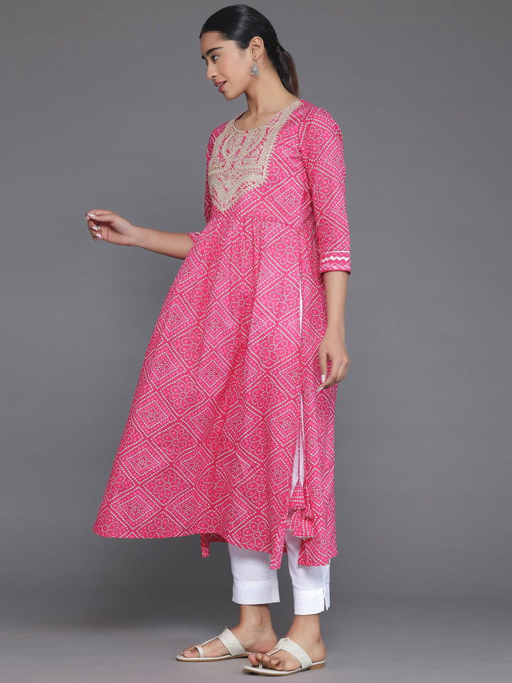 Pink Printed Cotton A-Line Kurta - Libas