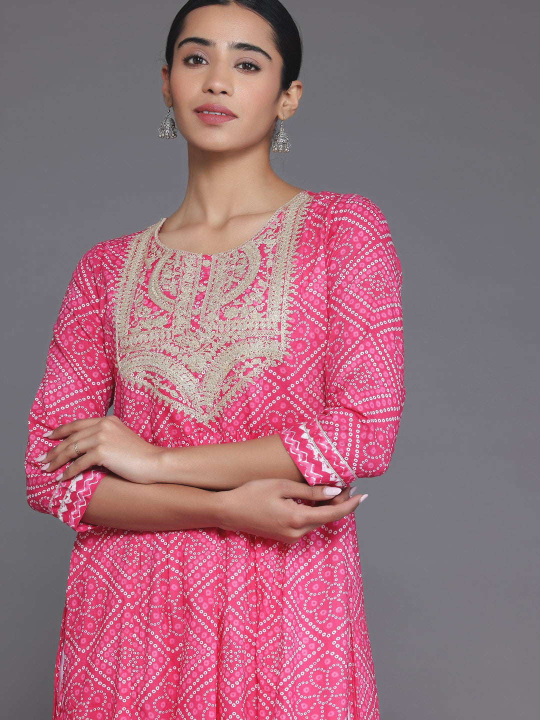 Pink Printed Cotton A-Line Kurta - Libas