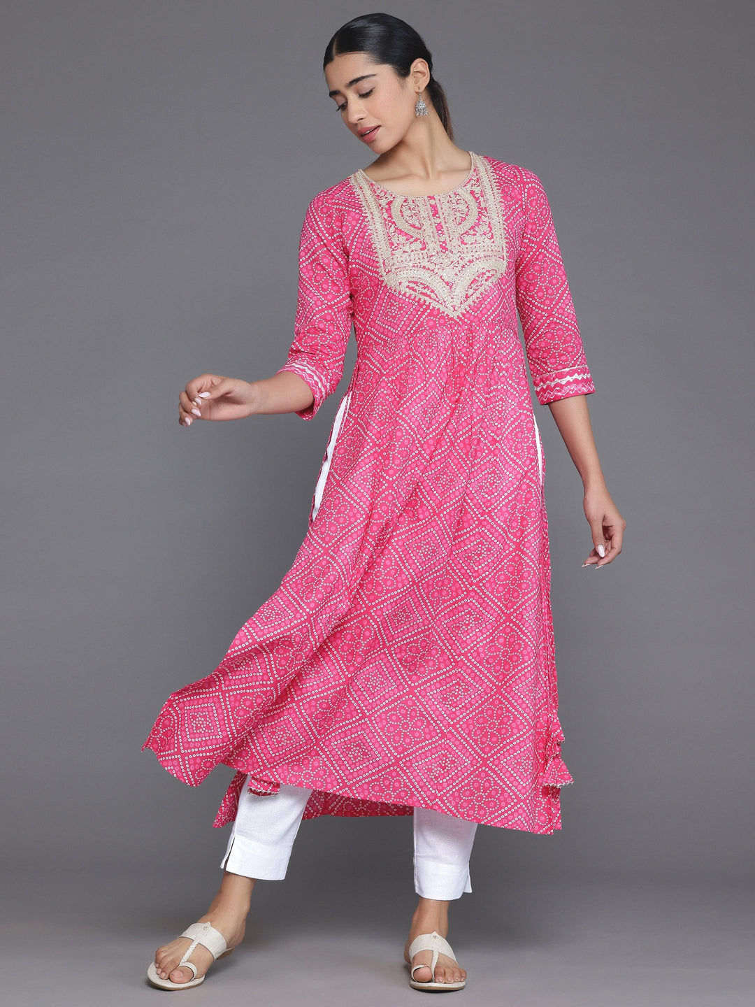 Pink Printed Cotton A-Line Kurta - Libas 