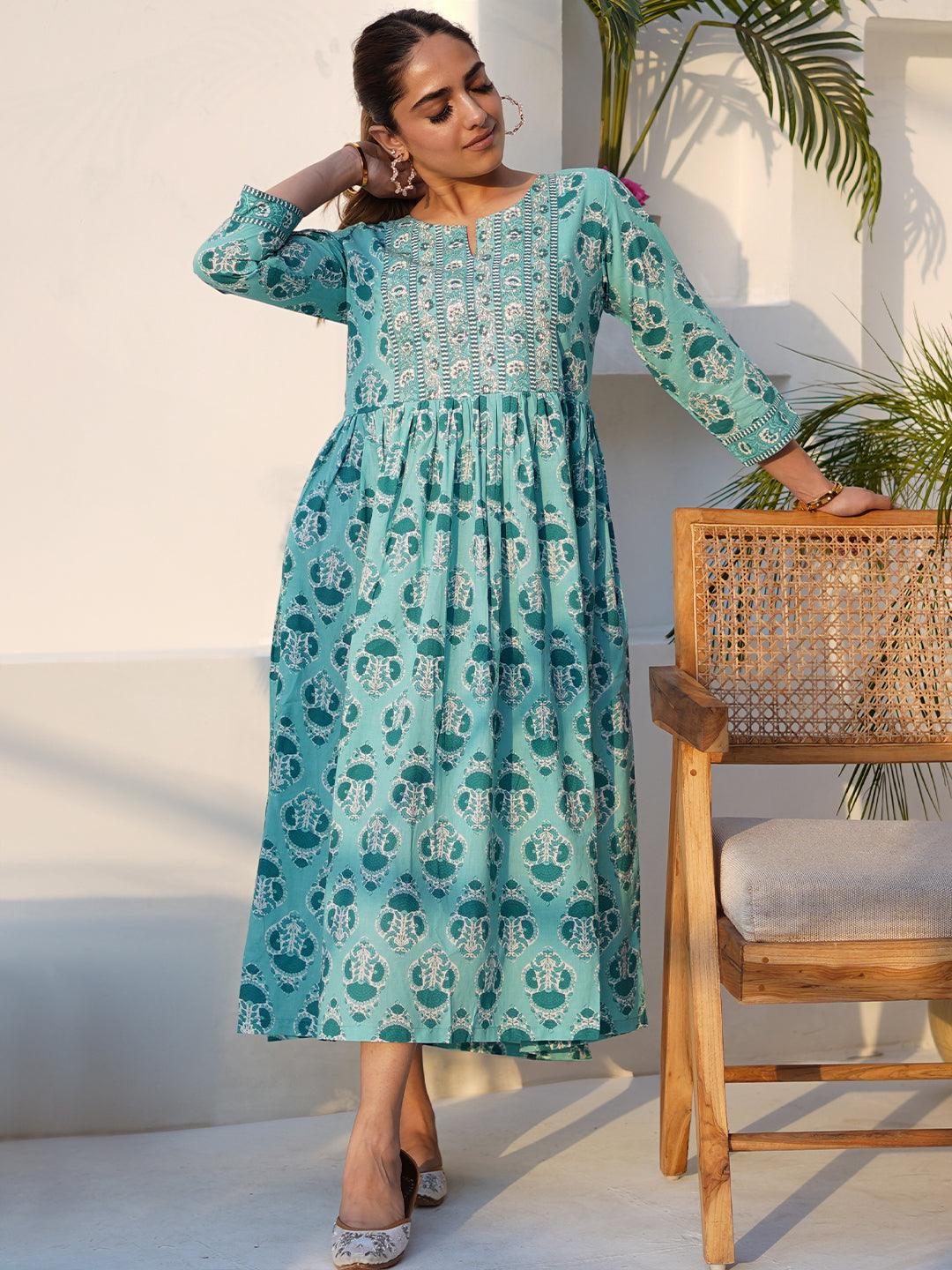 Sea Green Printed Cotton Fit and Flare Dress - Libas 