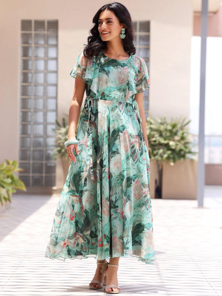 Green Printed Chiffon A-Line Dress With Belt - Libas