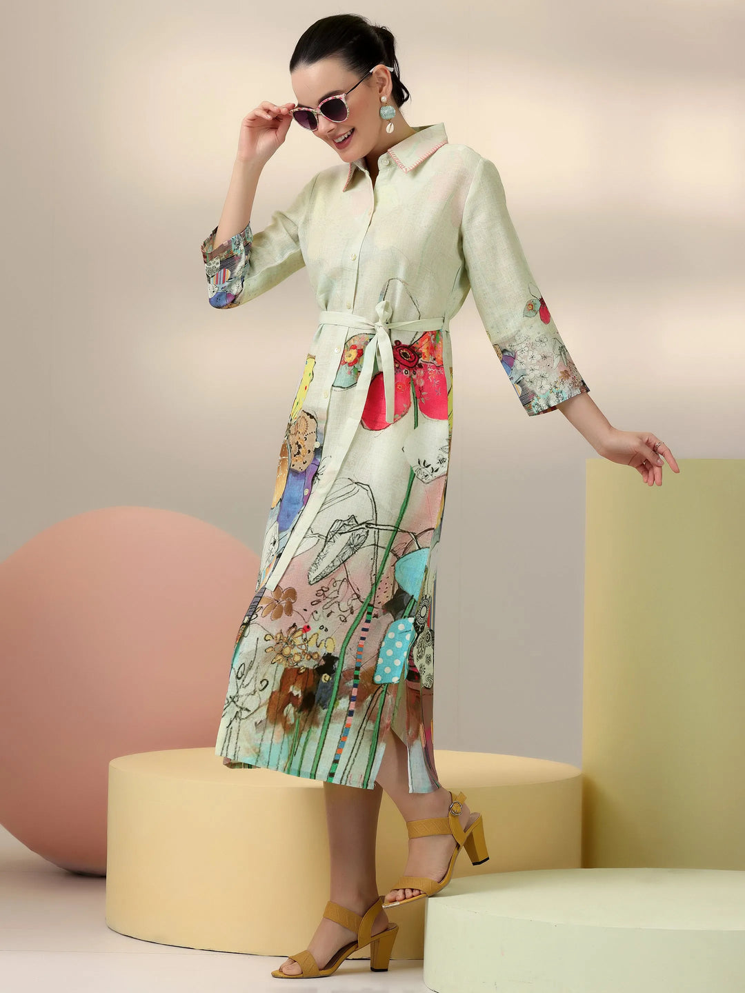 Off White Printed Linen Shirt Dress