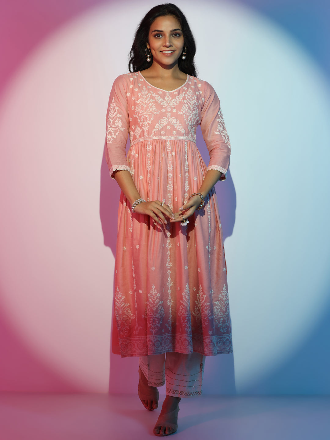 Peach Embroidered Cotton A-Line Kurta