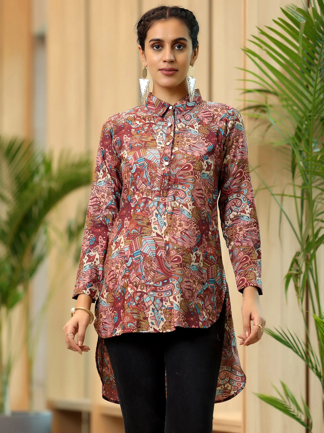 Mauve Printed Silk Blend Straight Kurti