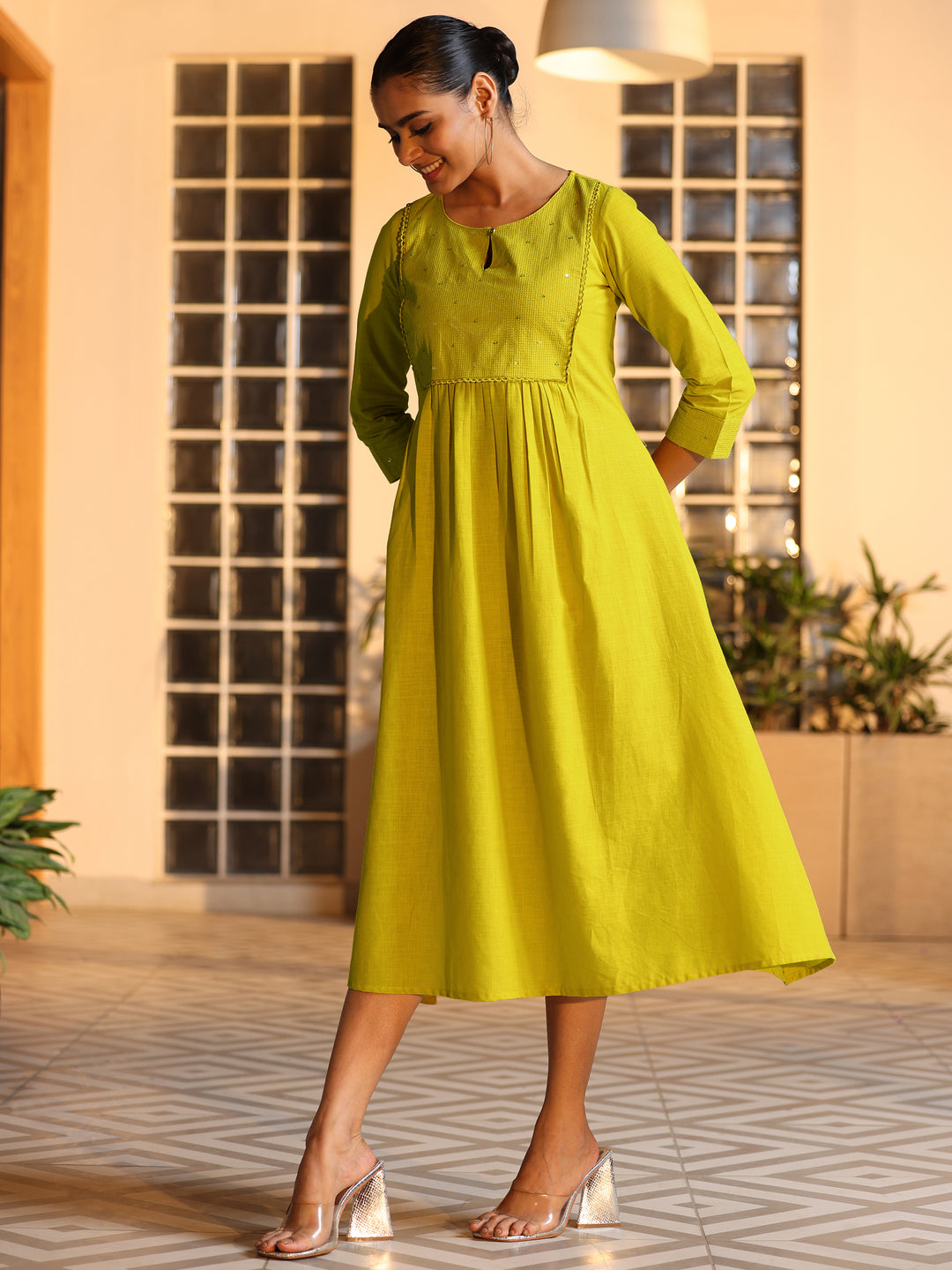  Mustard Embellished Cotton A-Line Dress 