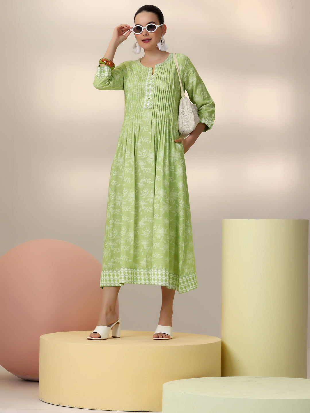  Green Printed Cotton A-Line Dress 