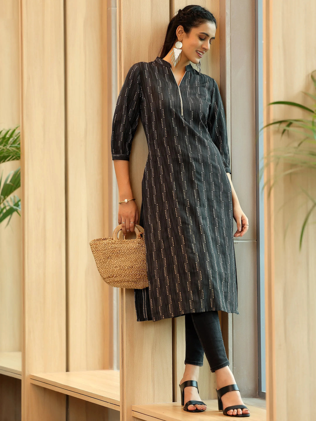 Black Woven Design Cotton Straight Kurta