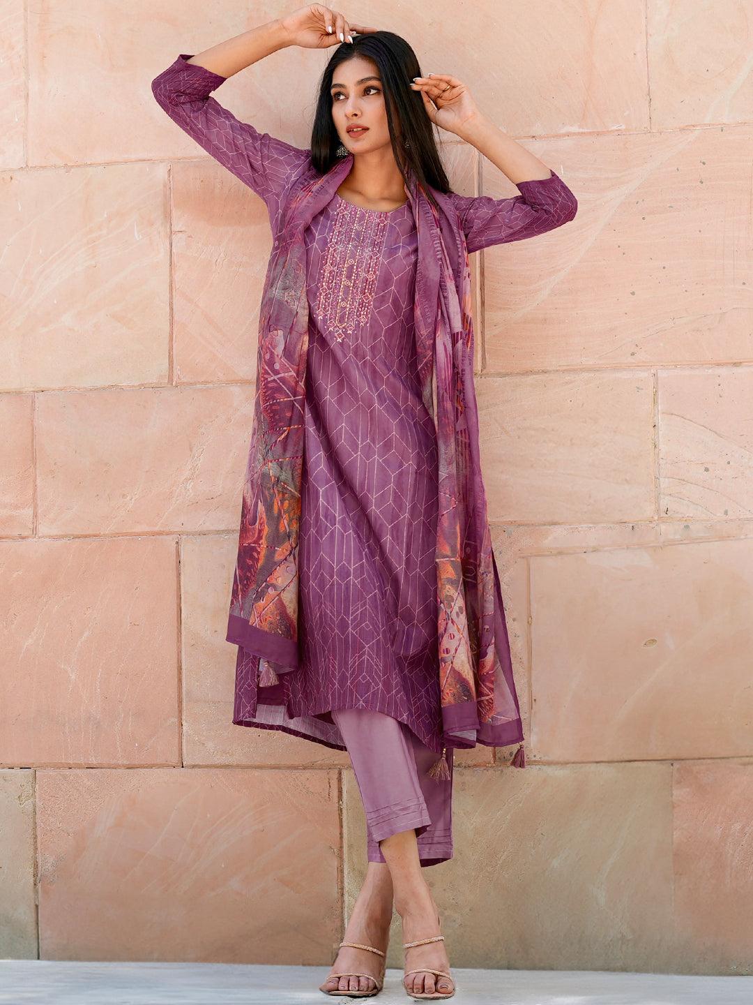 Purple Embroidered Silk Blend Straight Kurta With Trousers & Dupatta - Libas