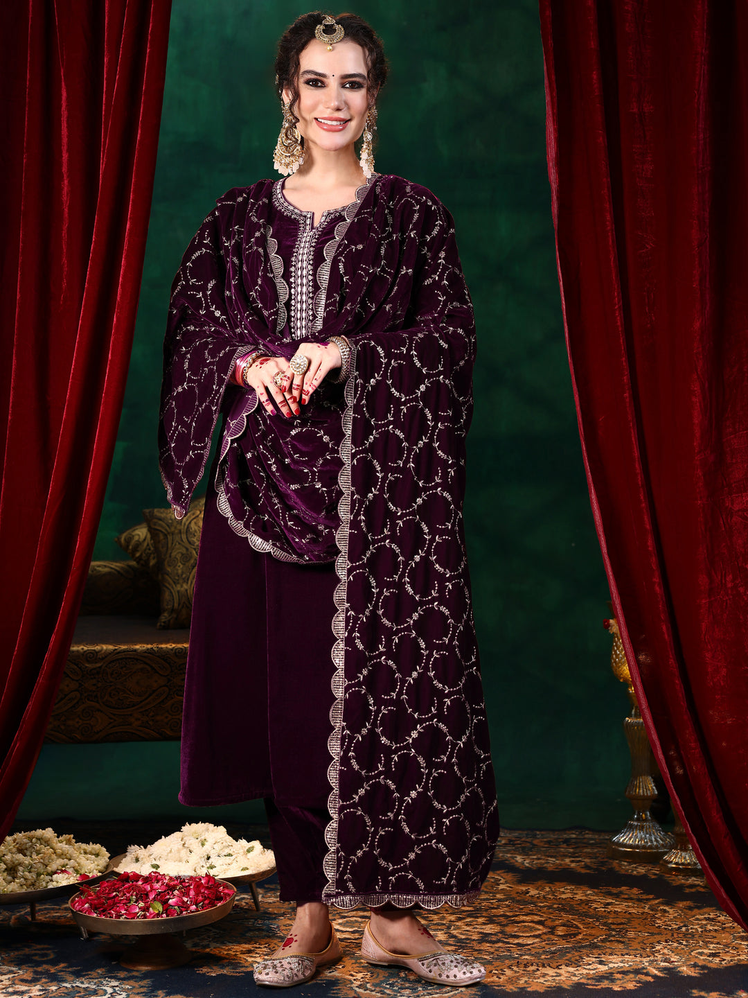 Burgundy Yoke Design Velvet Straight Suit With Dupatta