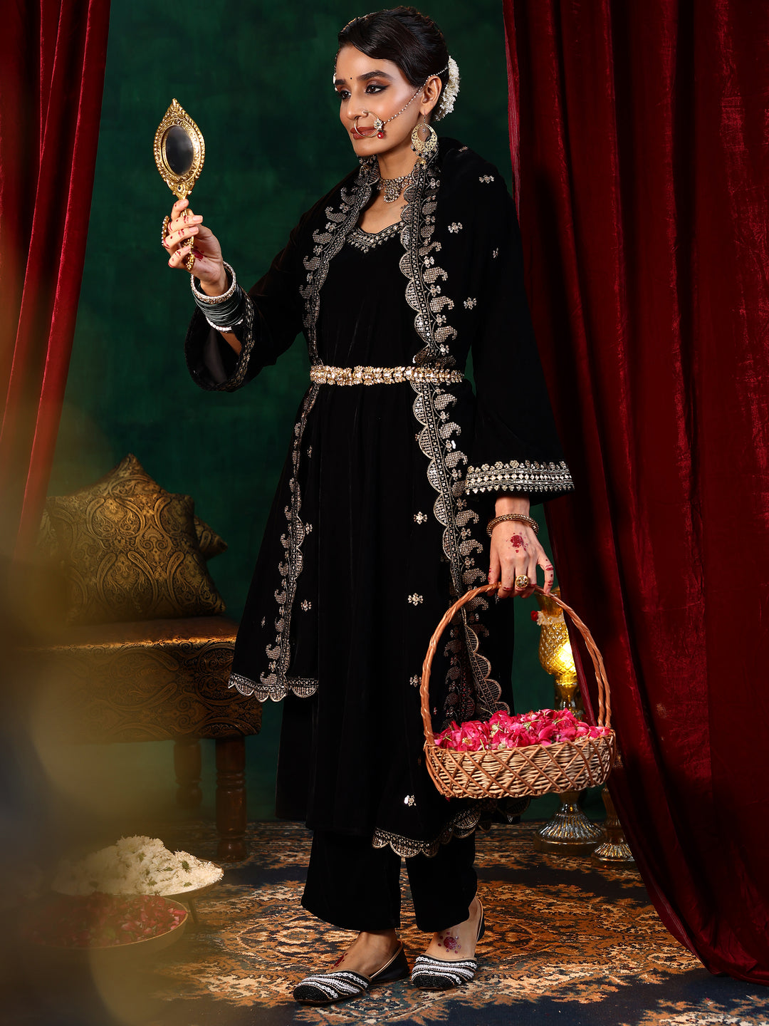  Black Yoke Design Velvet Straight Suit With Dupatta 