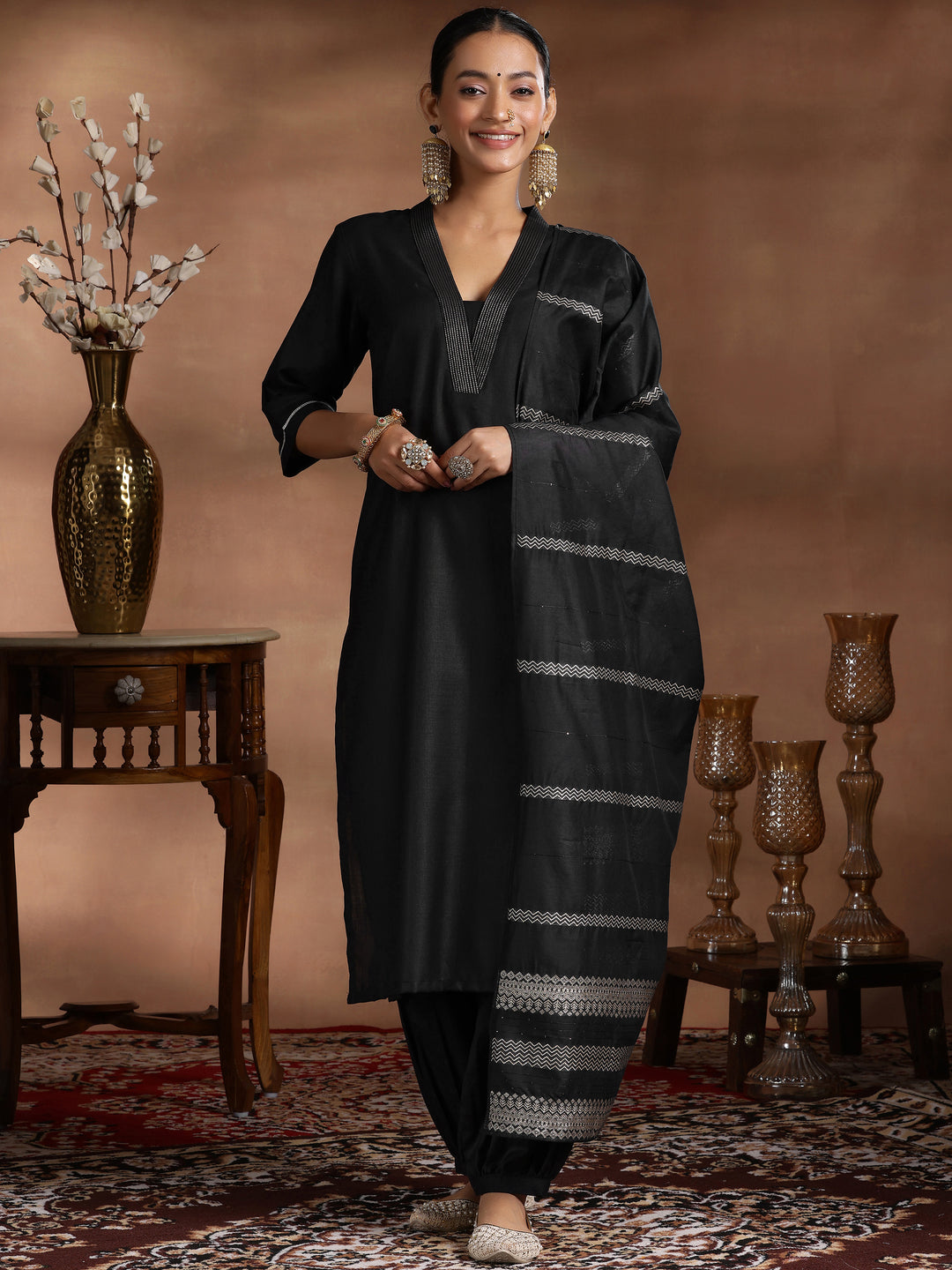  Black Solid Cotton Blend Straight Suit With Dupatta 