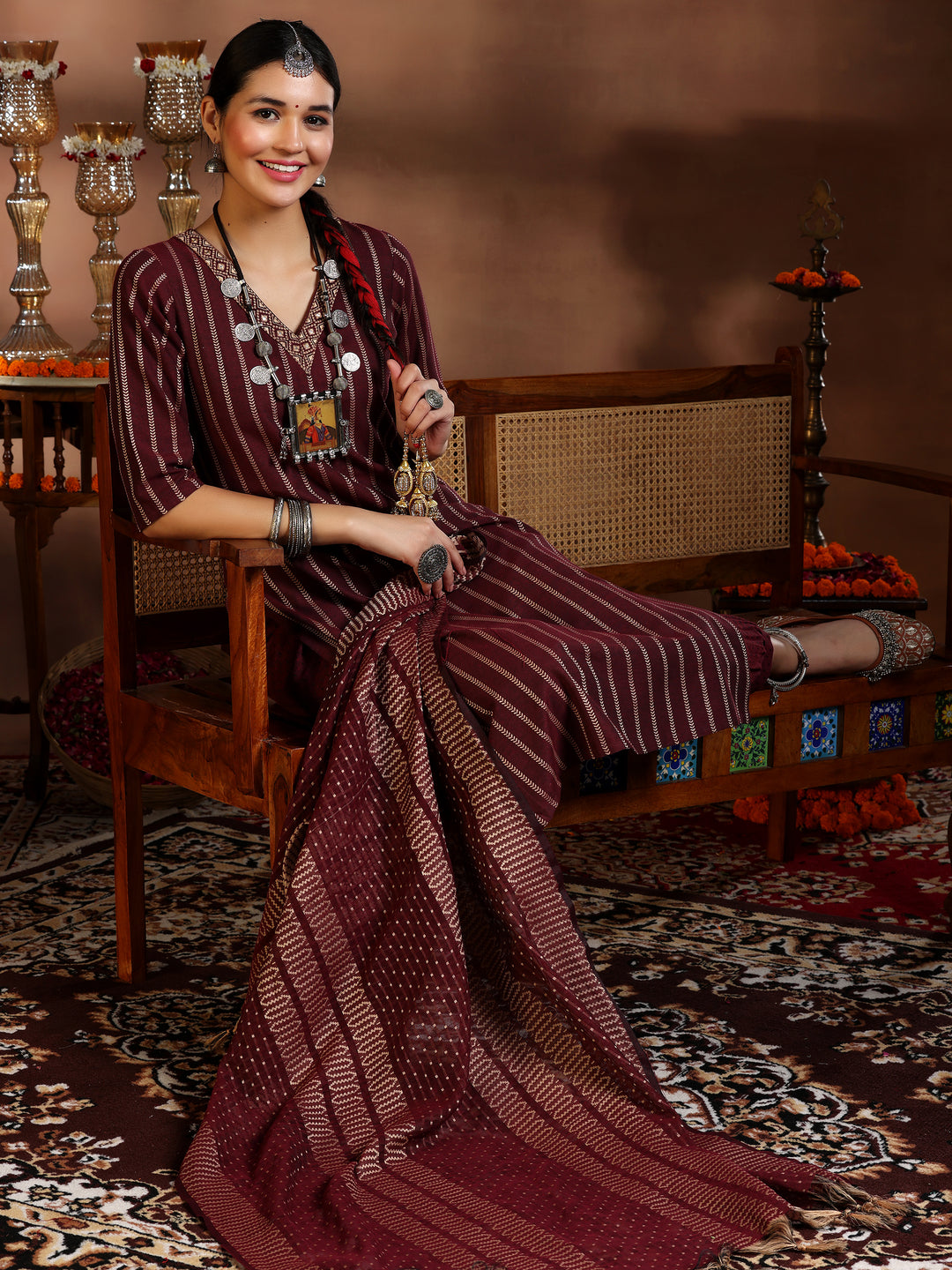 Maroon Woven Design Cotton Blend Straight Suit With Dupatta