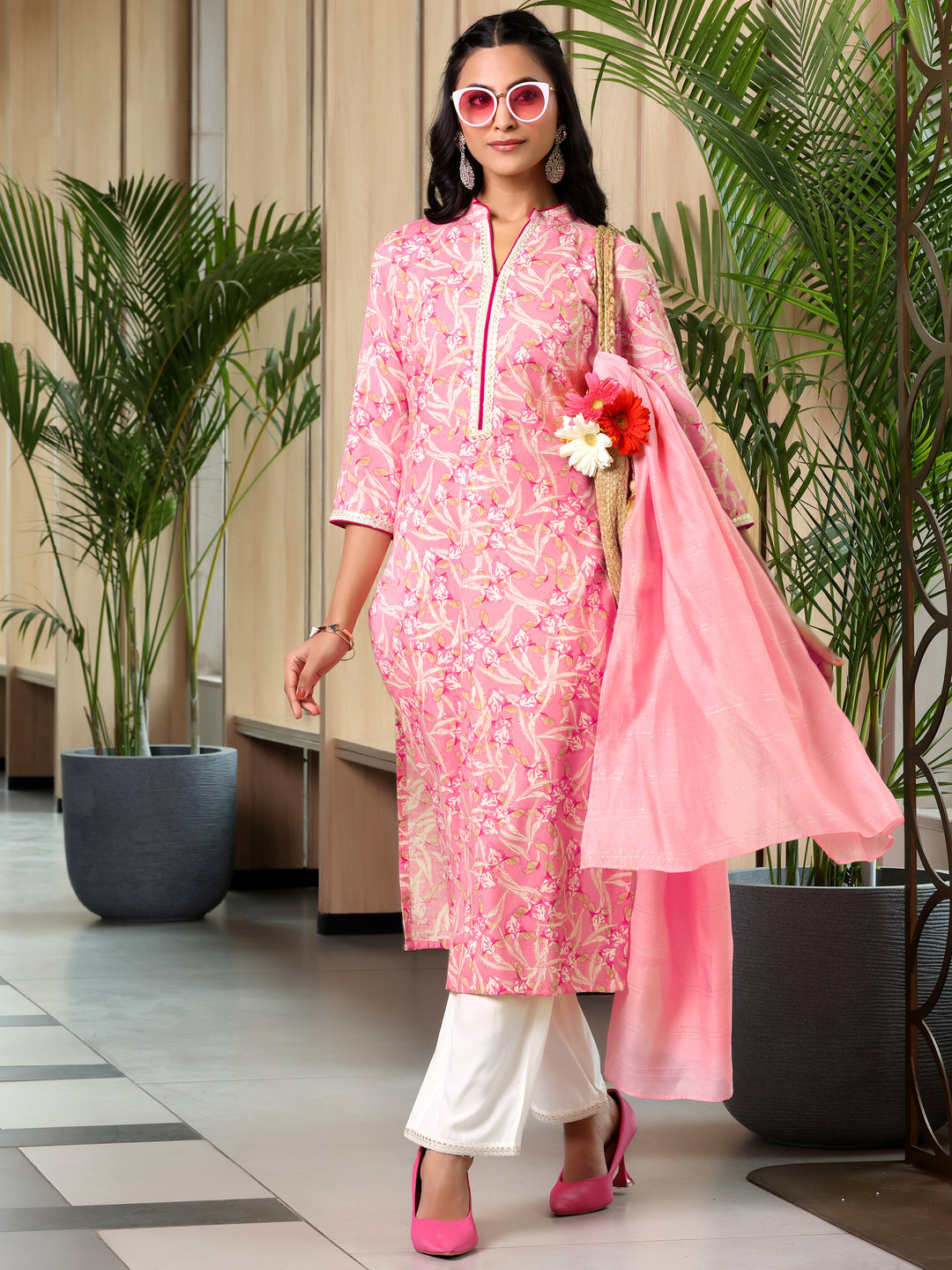  Pink Printed Cotton Blend Straight Suit With Dupatta 