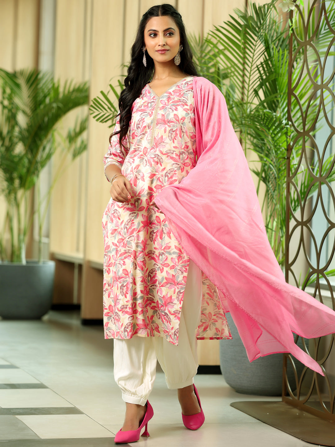  Pink Printed Cotton Blend Straight Suit With Dupatta 