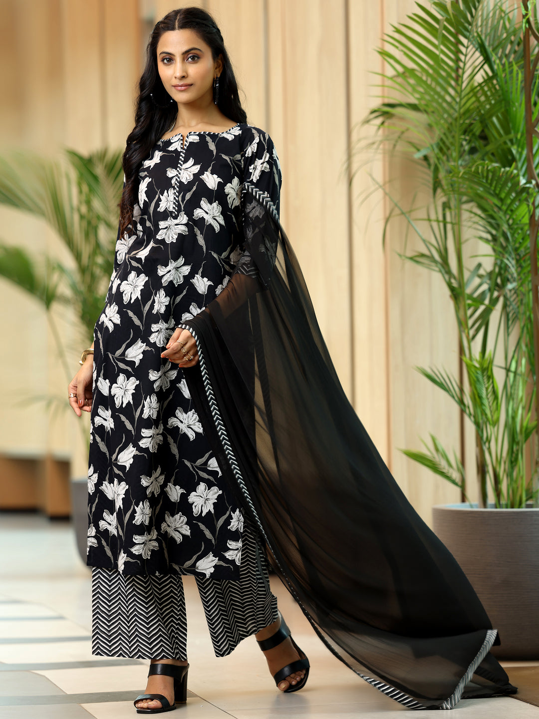  Black Printed Cotton Straight Suit With Dupatta 