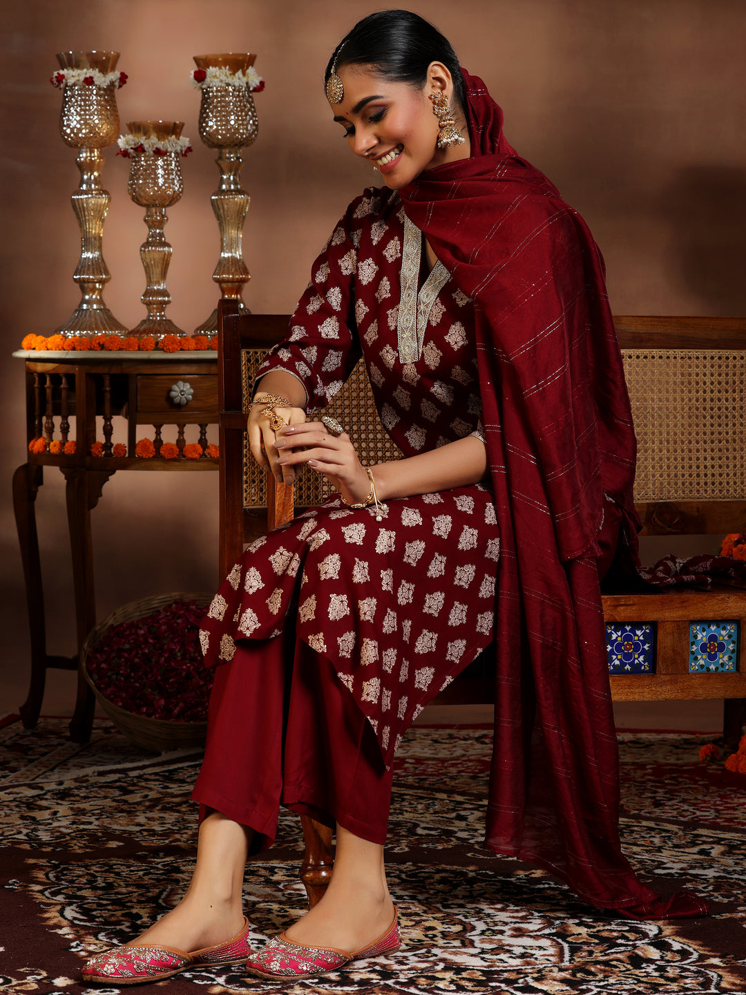 Maroon Printed Silk Blend Straight Suit With Dupatta