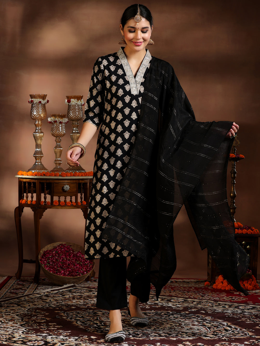 Black Printed Silk Blend Straight Suit With Dupatta