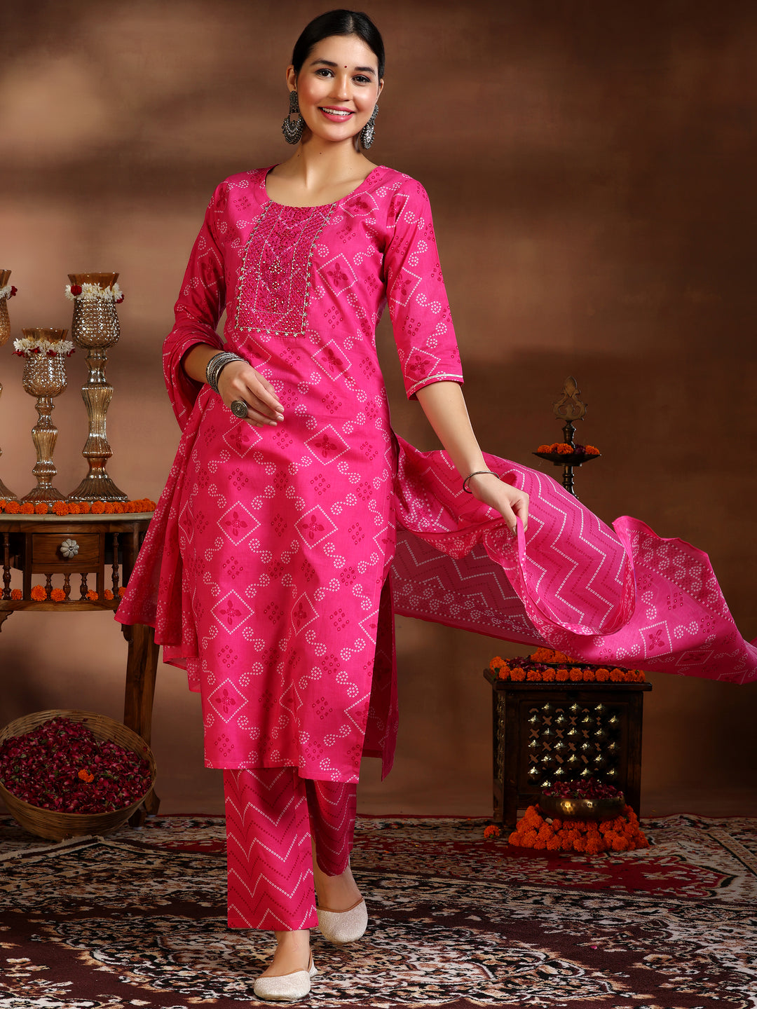 Pink Printed Cotton Straight Suit With Dupatta