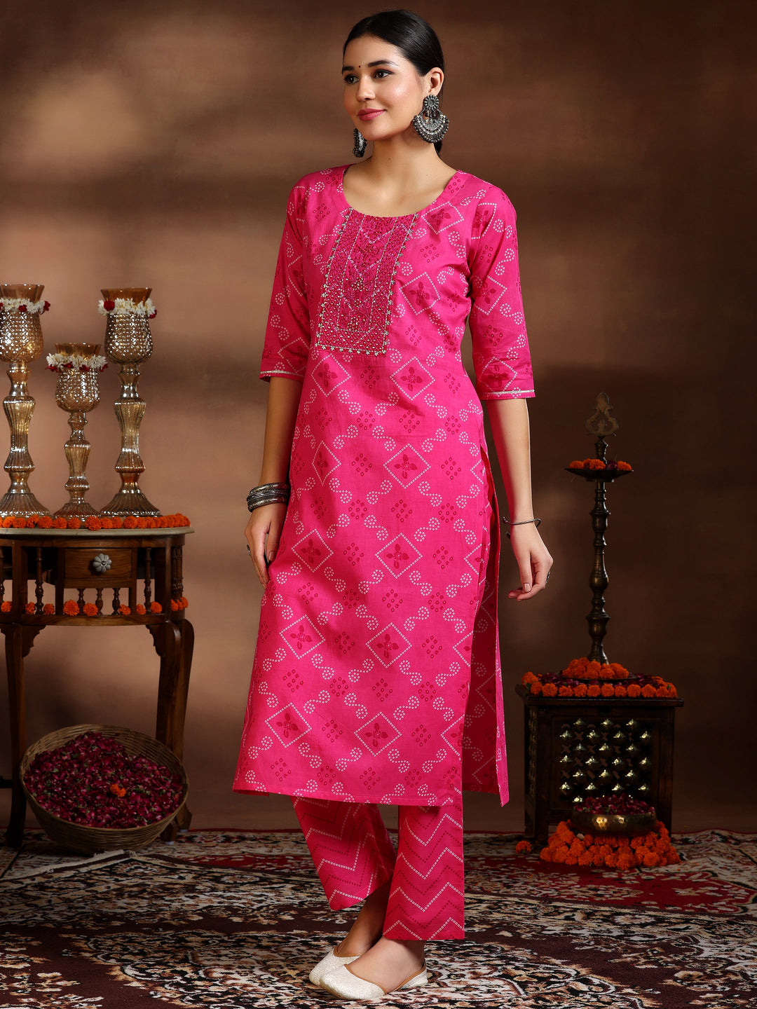  Pink Printed Cotton Straight Suit With Dupatta 