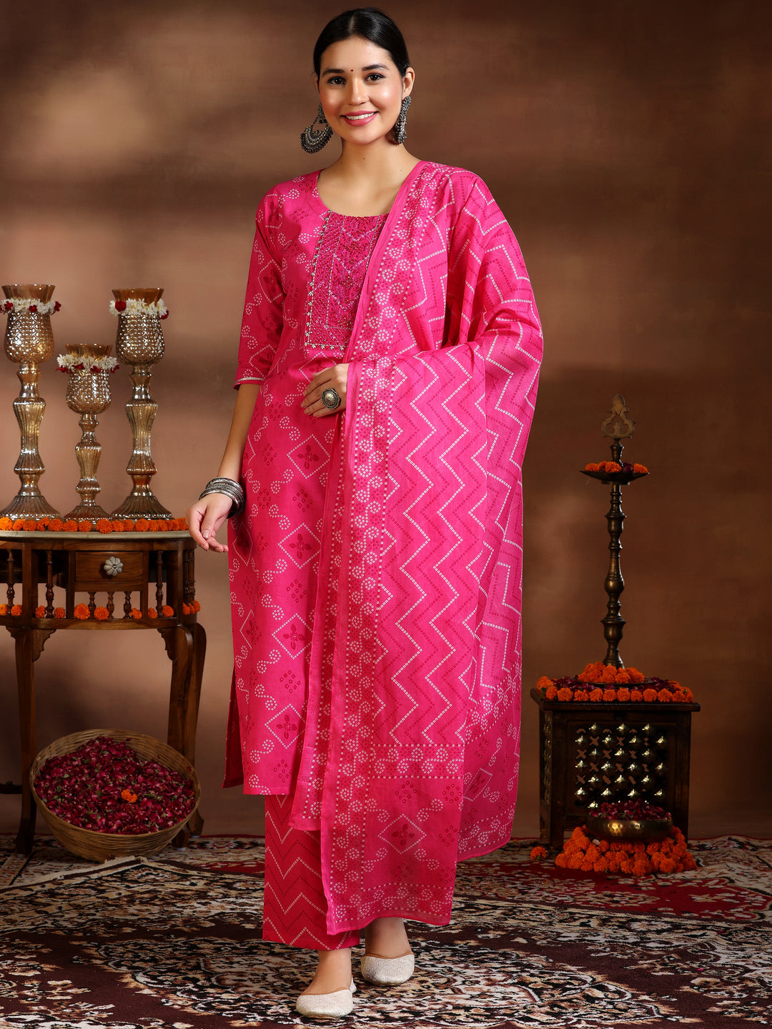  Pink Printed Cotton Straight Suit With Dupatta 