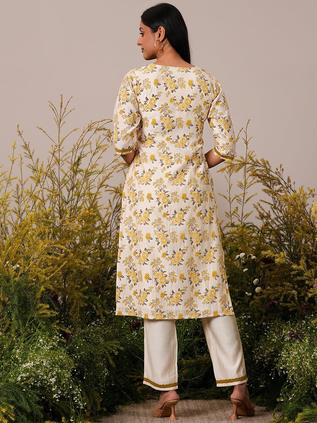 Beige Printed Chanderi Silk Straight Kurta Set - Libas 