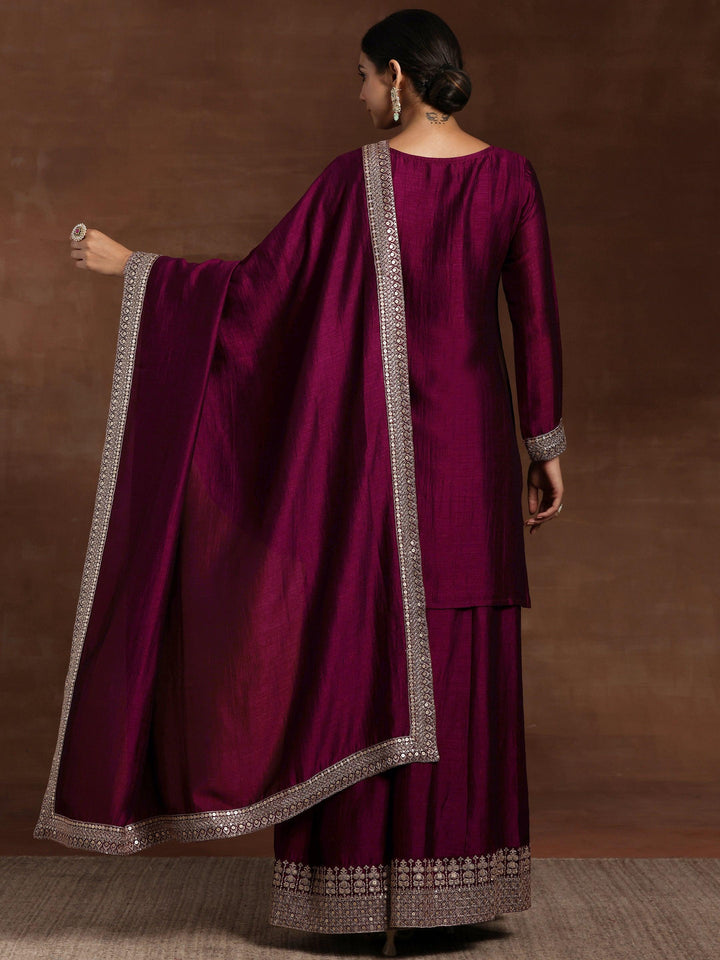 Maroon Embroidered Silk Blend Straight Suit With Dupatta - Libas