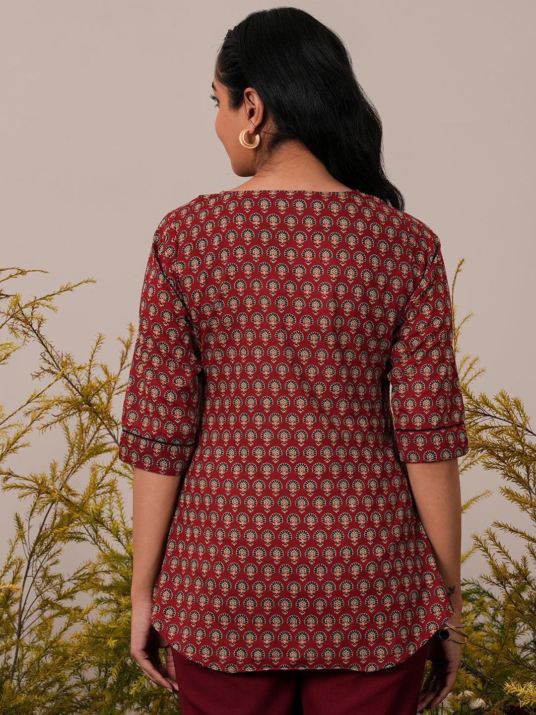 Maroon Printed Cotton A-Line Kurti - Libas 