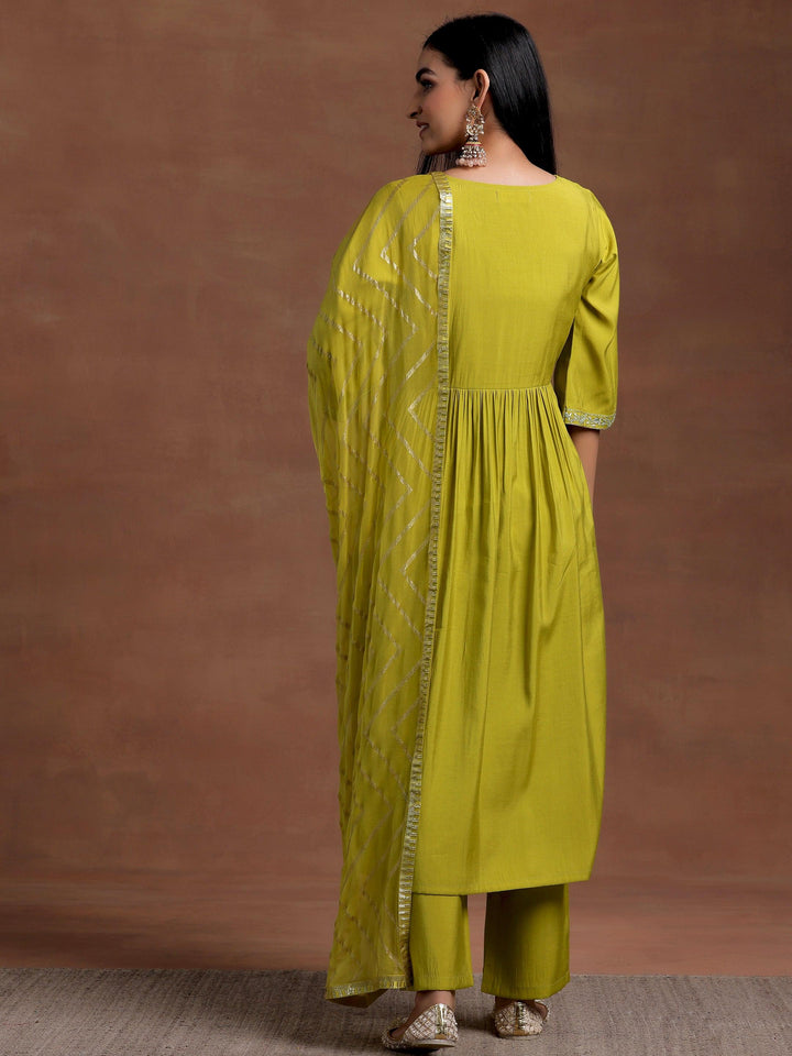 Olive Solid Silk Blend A-Line Kurta With Trousers & Dupatta - Libas