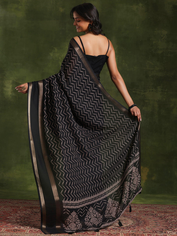 Black Printed Silk Blend Saree With Unstitched Blouse Piece - Libas