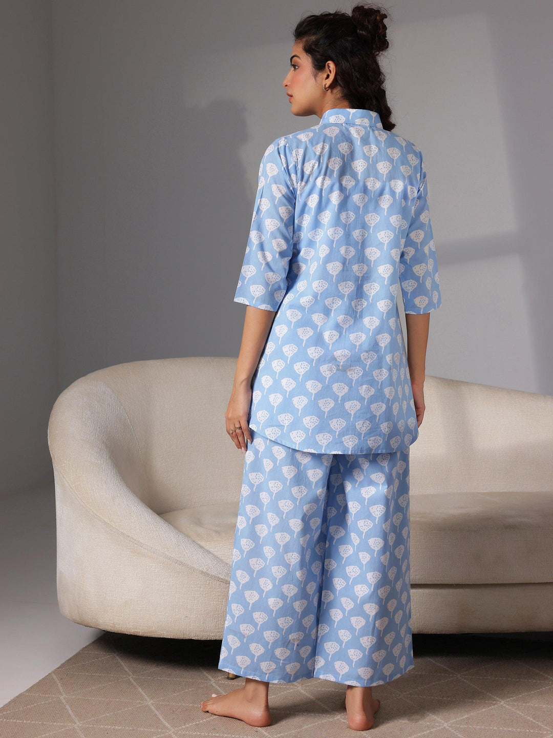 Blue Printed Cotton Night Suits - Libas