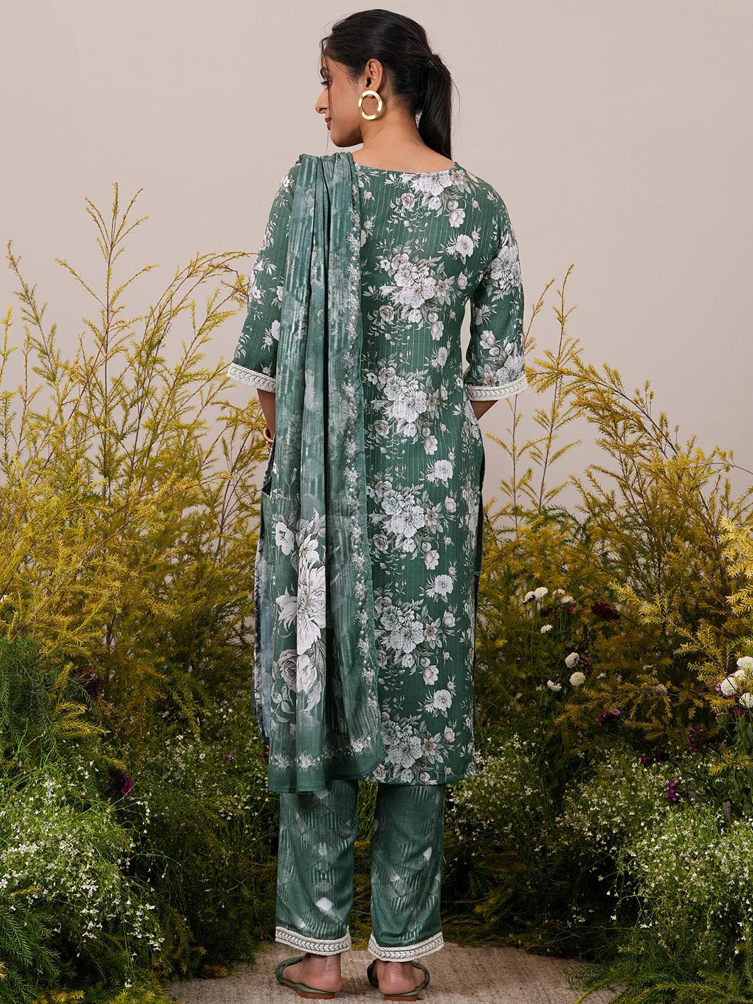 Green Printed Cotton Straight Suit With Dupatta - Libas 