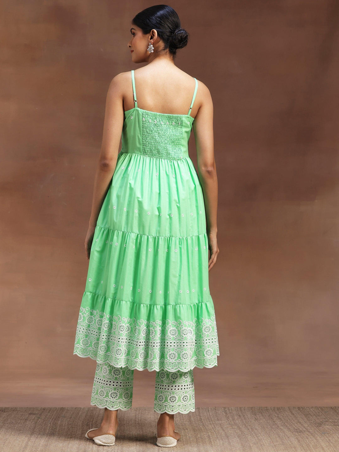 Green Self Design Cotton Anarkali Kurta With Trousers - Libas