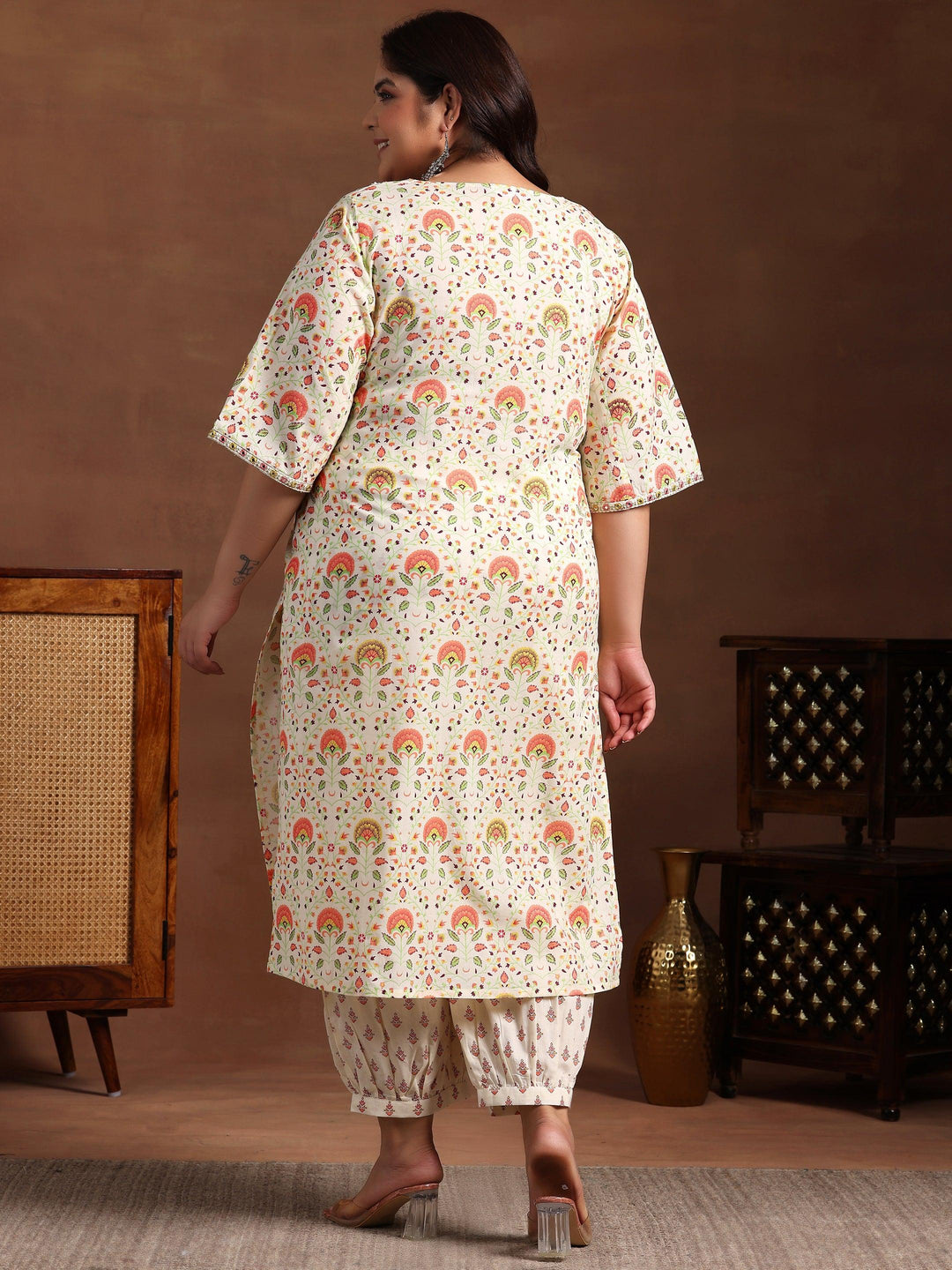 Plus Size Off White Printed Cotton Straight Kurta With Salwar - Libas 