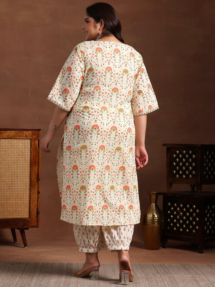 Plus Size Off White Printed Cotton Straight Kurta With Salwar - Libas