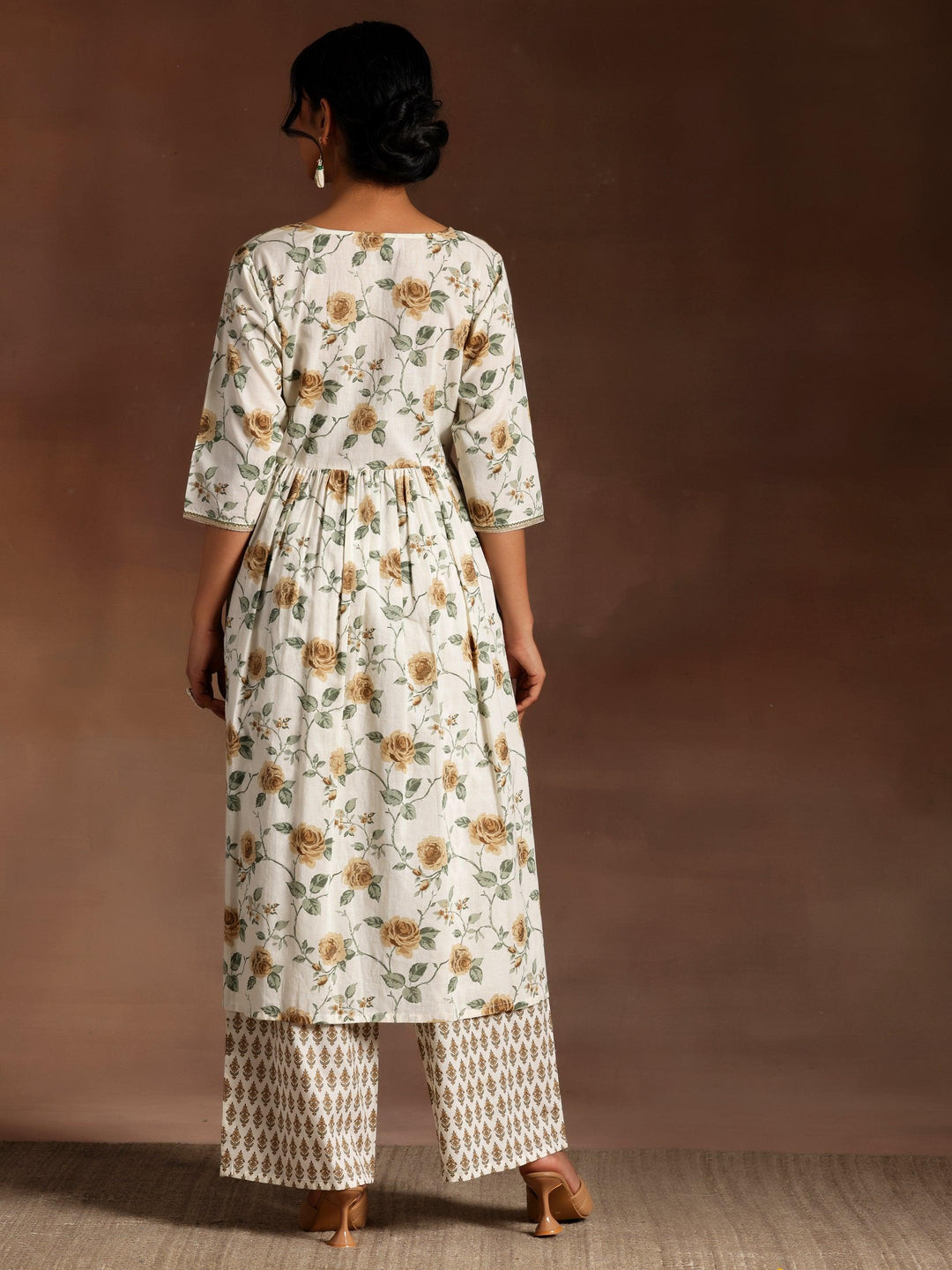 Off White Printed Cotton A-Line Kurta With Palazzos - Libas