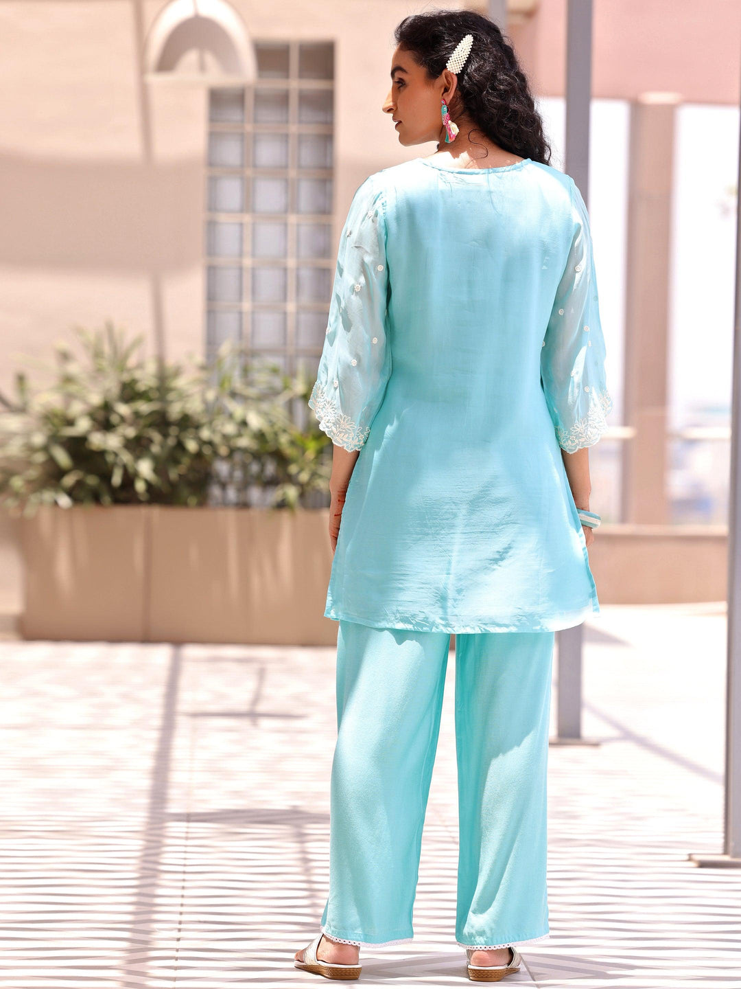 Turquoise Embroidered Silk Blend Co-Ords - Libas