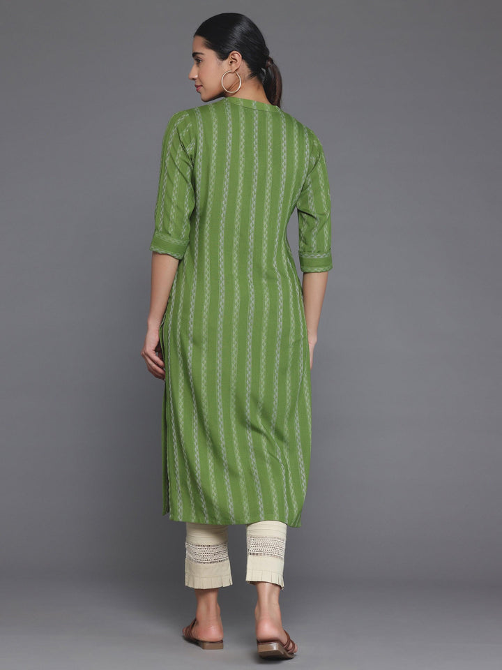 Green Striped Rayon Straight Kurta - Libas