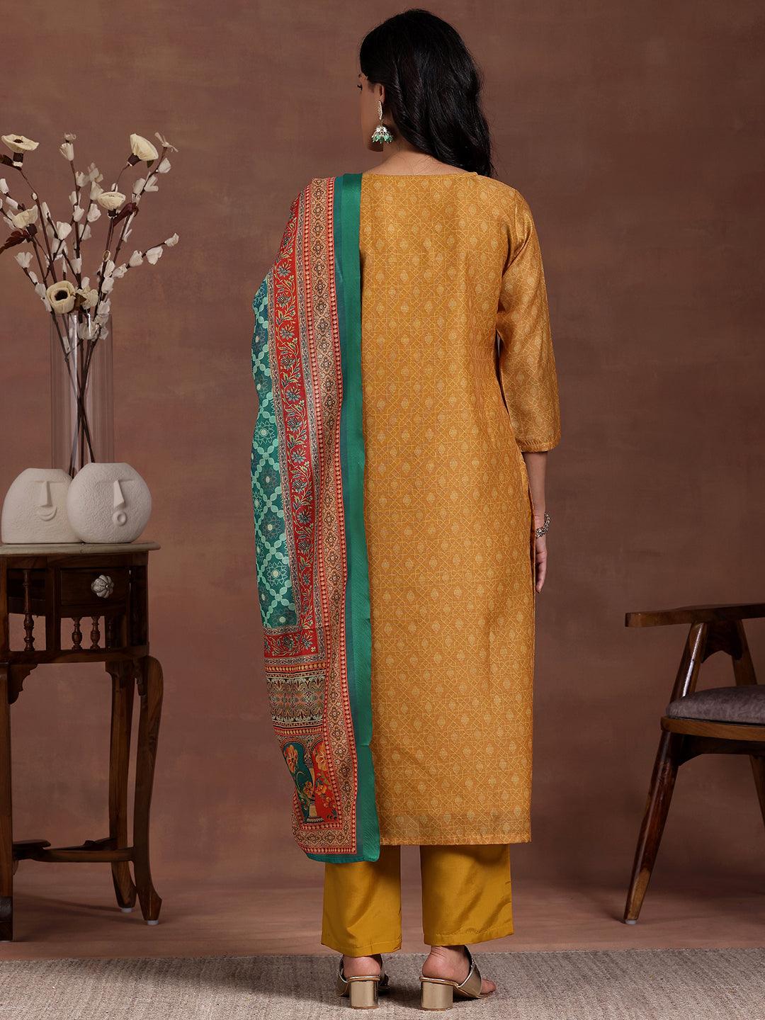 Mustard Printed Silk Blend Straight Suit With Dupatta - Libas 