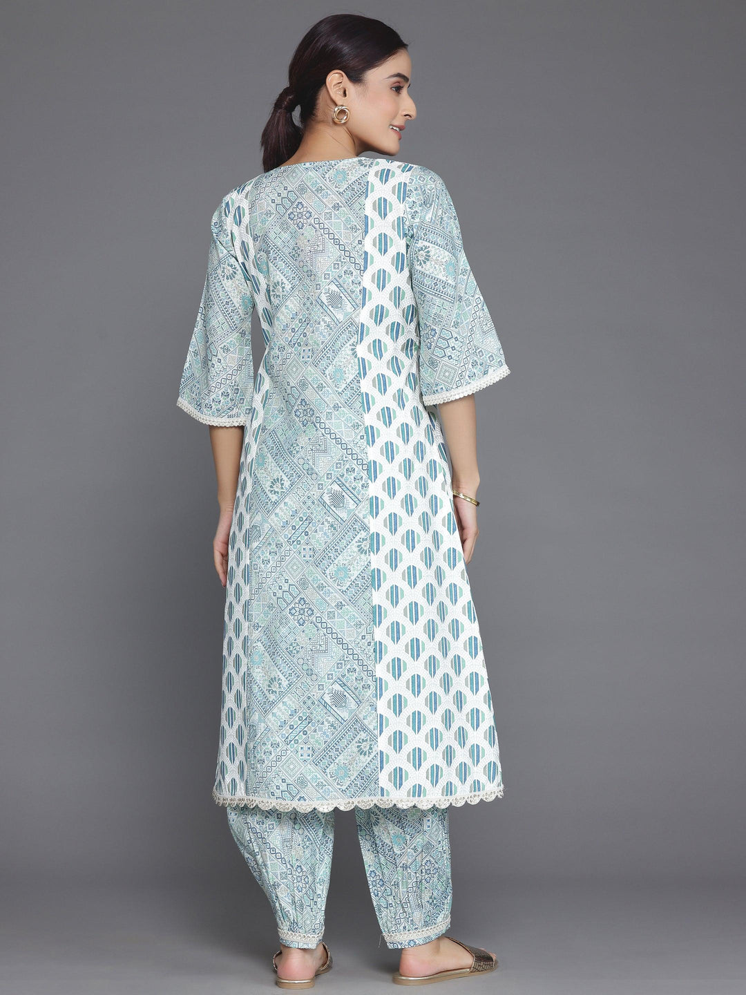 Blue Printed Silk Blend A-Line Kurta With Salwar - Libas