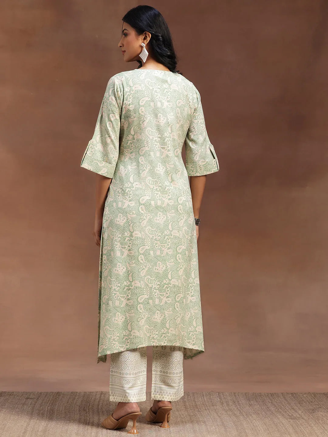  Green Printed Cotton Blend Straight Kurta With Palazzos 