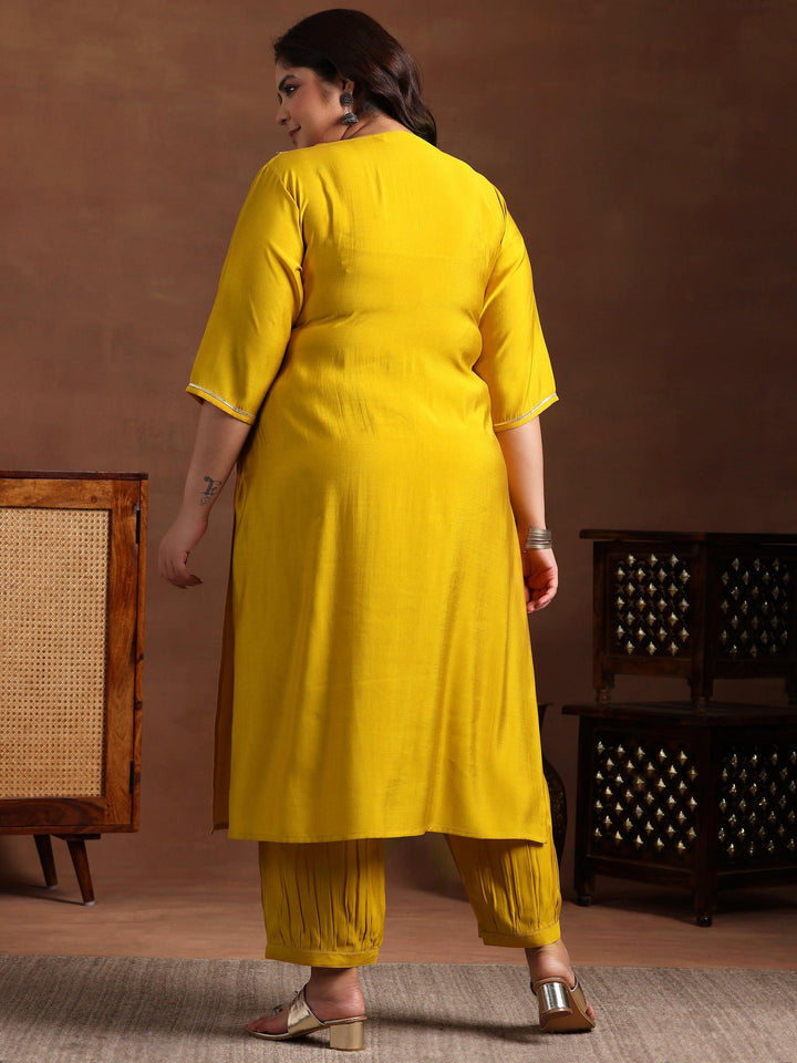 Plus Size Yellow Yoke Design Silk Blend Straight Kurta Set - Libas