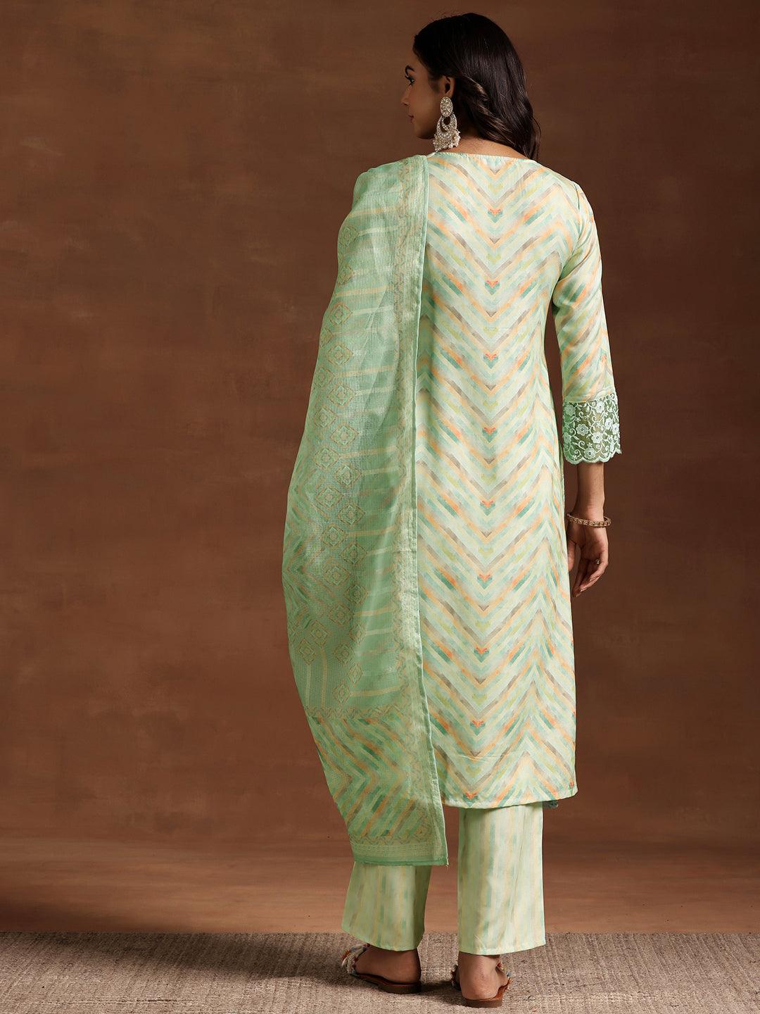 Green Embroidered Cotton Blend Straight Suit With Dupatta - Libas